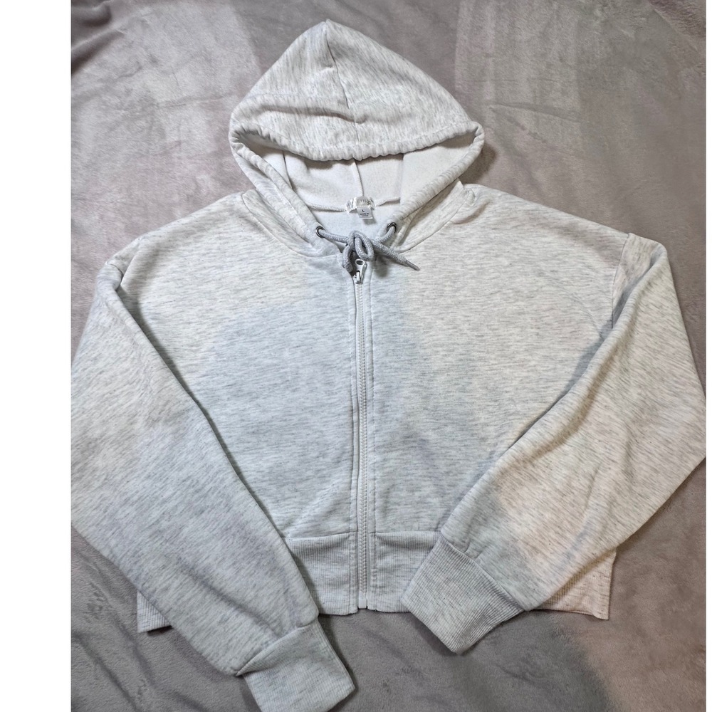 Orange Kiss Women Light Gray Heather Cropped Zip Up Hoodie Fleece Lined Large